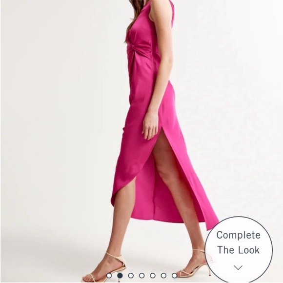 Abercrombie & Fitch One-Shoulder Satin Knotted Midi Dress Pink Fuscia - Picture 3 of 3